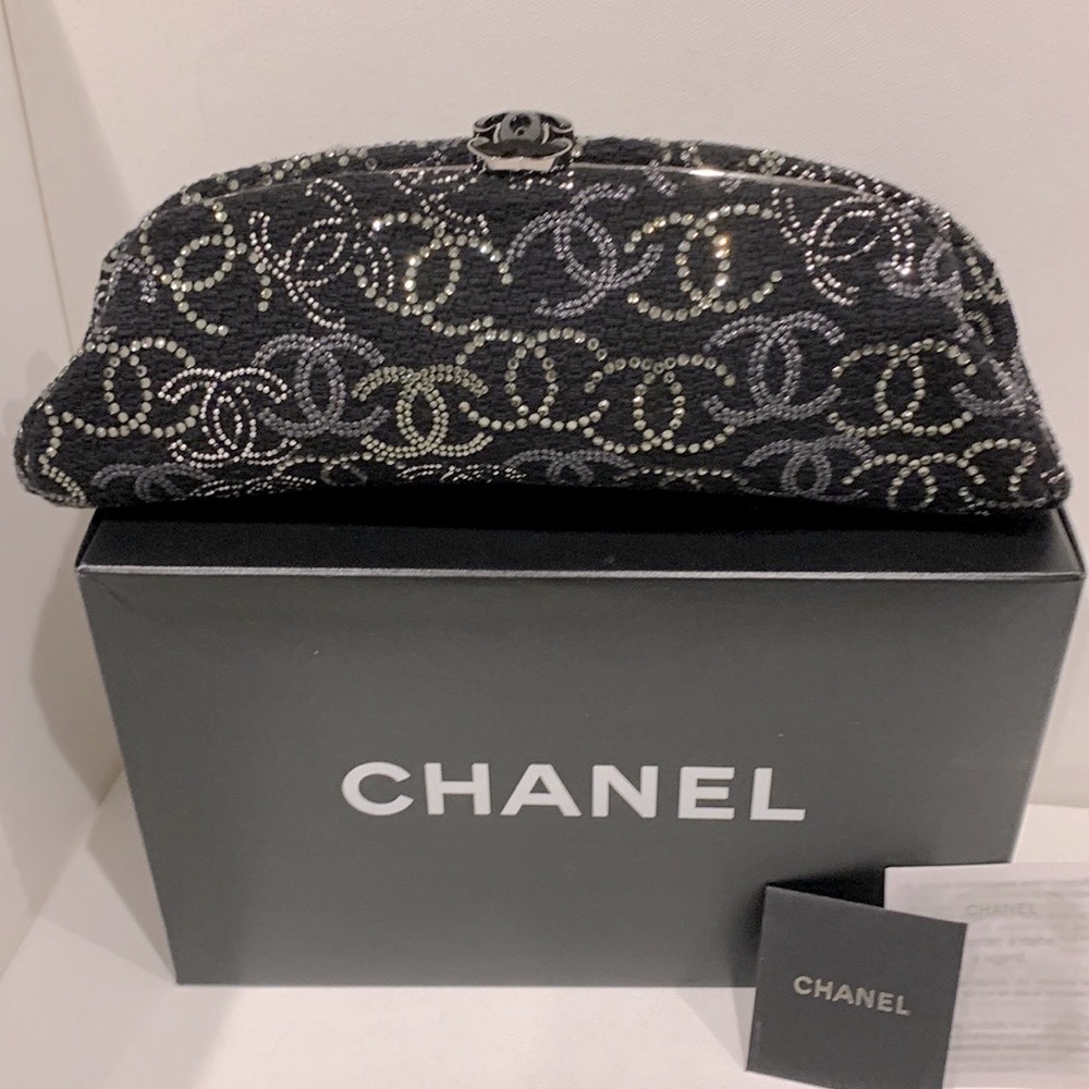 CHANEL Rare 🖤🤍Paris Shanghai Swarovski Studded Crystal Boucle Clutch CC Logo Bag